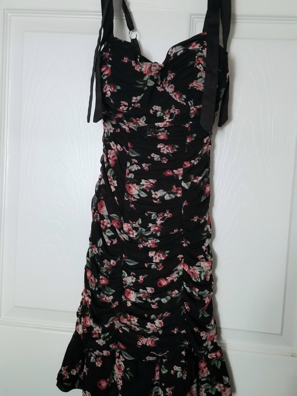 Black Ruched Dress with Pink Floral Accents - Lily Rose